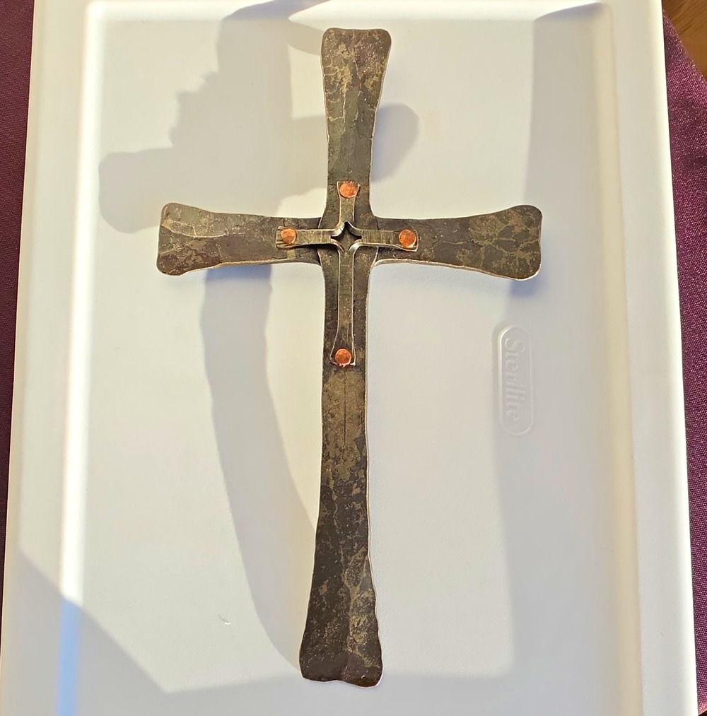 Rustic Hand-Forged Iron/Copper Wall Cross Artisanal Blacksmith Christian app 11"